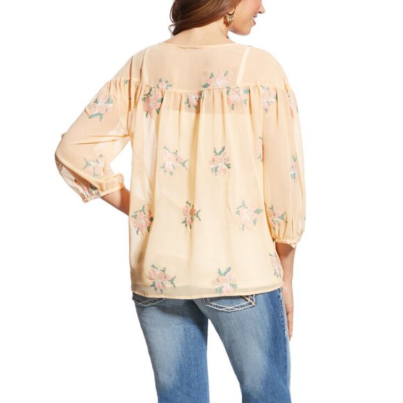 ARIAT Roxanne Floral Embroidered Blouse Boho Sheer Split Neck‎ Tassels - Picture 2 of 11